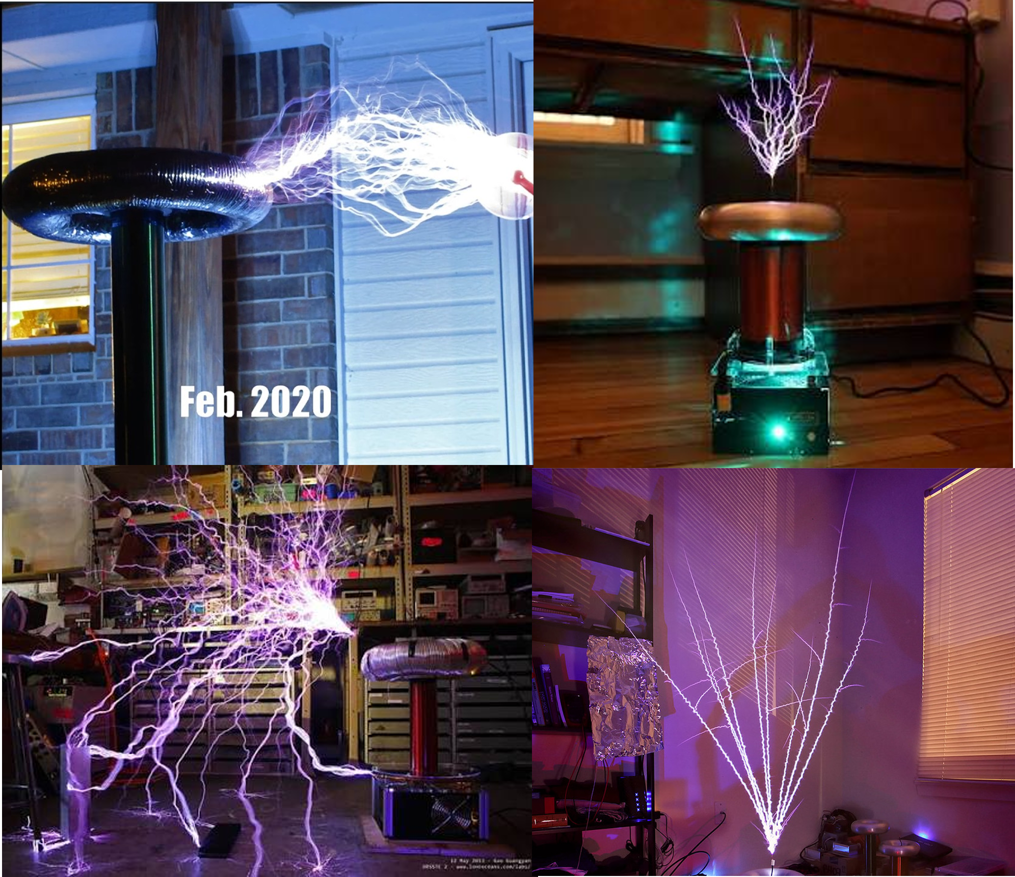 Comparison of Tesla Coil Outputs on Different Architectures. From left to right: SGTC, SSTC, DRSSTC, QCW DRSSTC